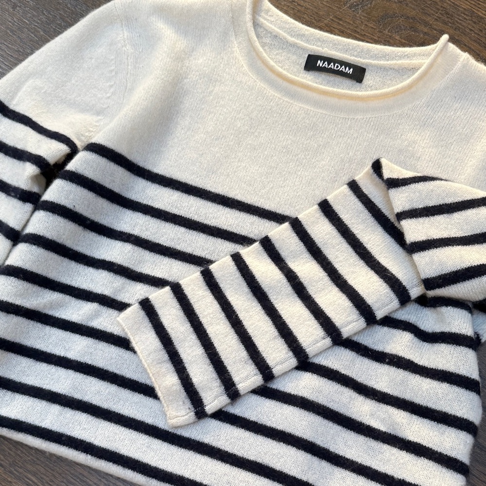 NAADAM Striped Cream and Black crewneck Sweater 100% CASHMERE - Picture 4 of 4